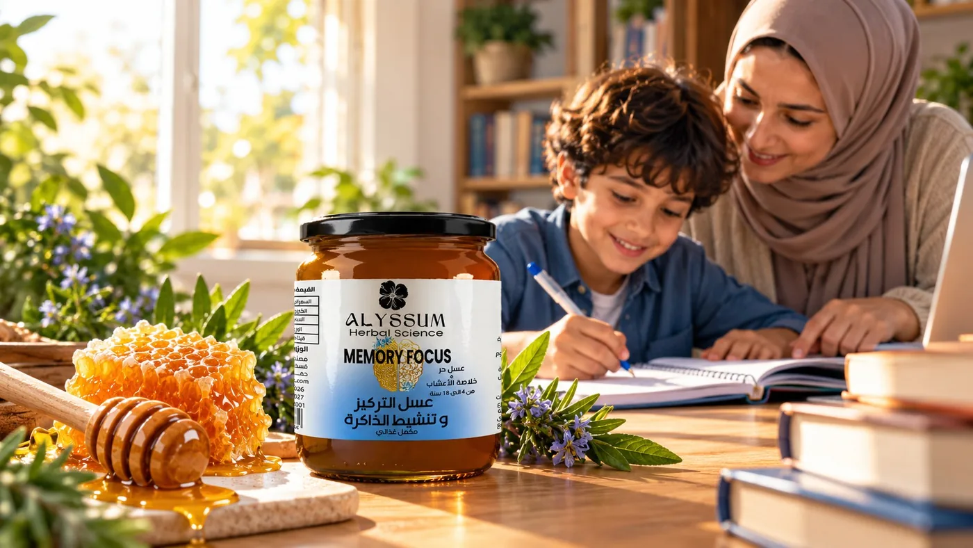 أم وطفلان في وقت الدراسة بجانب عسل أليسوم للتركيز