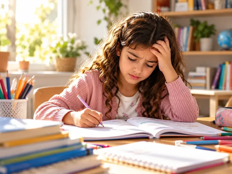 طفلة تكتب واجباتها وتبدو متعبة من الدراسة